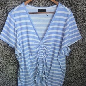 Lane Bryant Blue & White Striped V-Neck Ruched Front Top